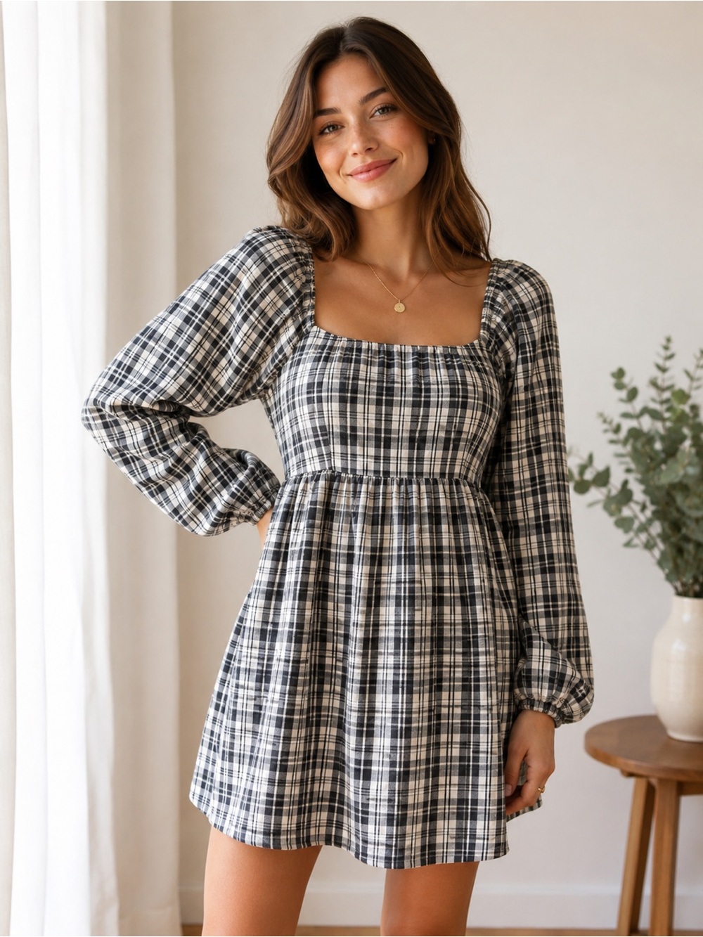 Black White Plaid Square Neck Mini Dress Cottagecore Puff Sleeve Size M